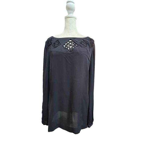 Tory Burch 100% Silk Size 12 Cut Out Blouse Navy Long Sleeve Embellished Classic - Picture 1 of 9
